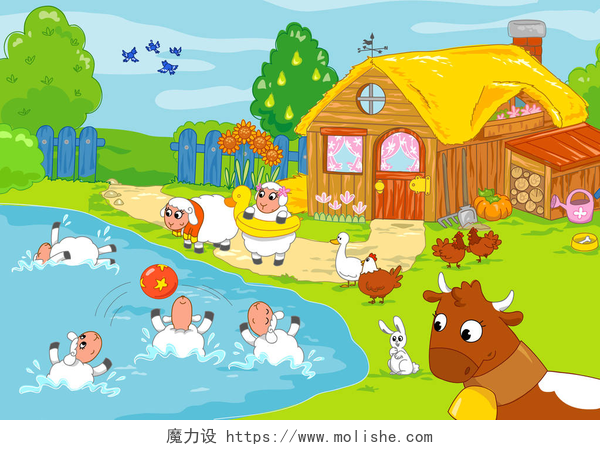 小孩子的卡通插图滑稽农场和玩动物。儿童插画